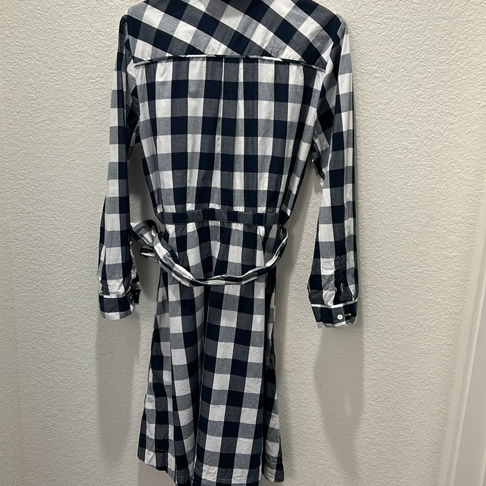 J. Crew Navy and White Buffalo Check Long Sleeve Shirt Dress with Waist Tie - Picture 6 of 8